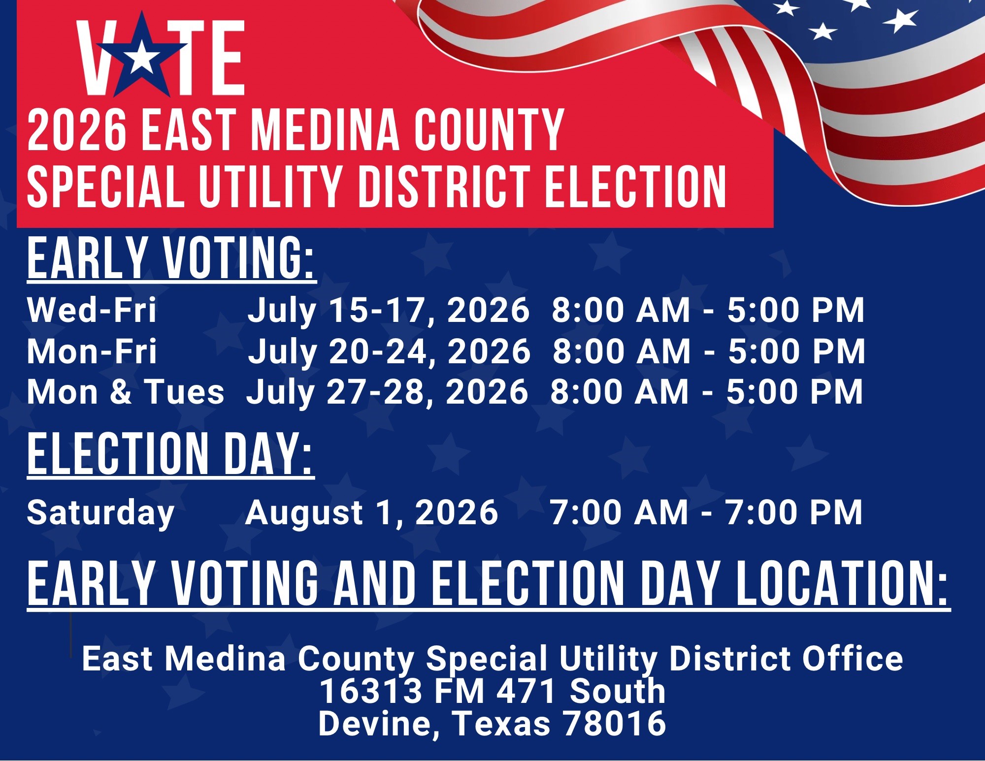 Dates Times Locations of the 2026 East Medina County Special Utility District Election